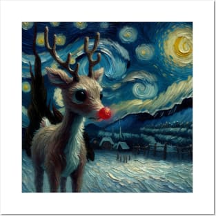 Guiding Starlight: Rudolph's Starry Night - Van Gogh-Inspired Reindeer Art Posters and Art